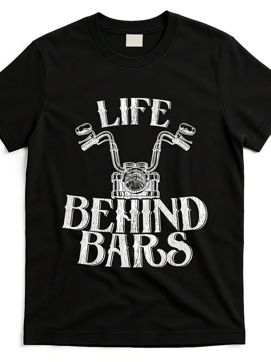 Unisex T-shirt i ren bomull, rolig T-shirt för män med motorcykel- och fängelseskämt-tryck, grafisk T-shirt med livet bakom galler-tema, avslappnad kortärmad tröja för entusiaster och humoristiska gåvor. Samma stil för män och kvinnor. Kortärmad sommar-T-shirt, blus, basplagg, toppar, kreativ design, utomhuslek, cool stil, rolig design, perfekt för utomhuslek. - Svart - Visa 1