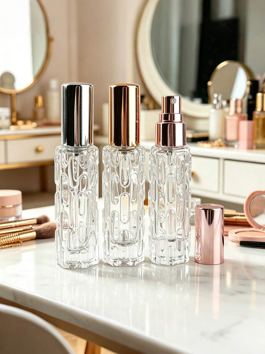 Embossed Clear Glass Spray Bottles With Metal Caps, Refillable Empty Perfume Atomizer, Luxury Texture Travel Mist Bottle For Fragrance, Essential Oil, Makeup Setting Spray Cosmetic Container, Mini Perfume, Spray Bottle For Hair - View 1