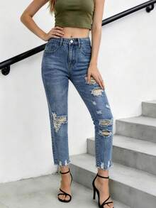 Women's Ripped Capri Cropped Jeans, Light Wash Distressed Denim Pants - Medium Blue - View 5