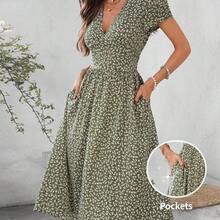 yonghongmaoyi1  Clasi Vestido midi elegante de manga corta con cuello en V, fruncido y corte evasé, con estampado floral pequeño, para uso diario y vacaciones, primavera/verano - Cafetería - Ver 8