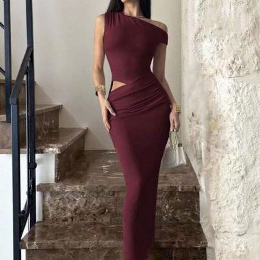 dahkjdgajy Vestido ajustado con hombro asimétrico y fruncido, elegante, minimalista y sexy para uso al aire libre, vacaciones y festivales de música, color albaricoque - Burdeos - Ver 1