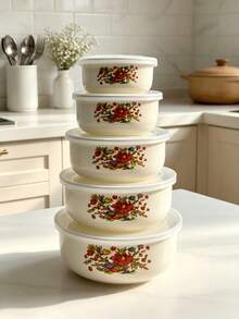 5PCS Enamel Multi-Function Bowl Set, Suitable For Vegetables, Fruits, Salads, Oatmeal Preparation, Suitable For Home Kitchen, Outdoor Camping, Can Be Put In Refrigerator As Fresh-Keeping Bowl, Stackable Storage Bowl With Lid, Back To School Gift - Retro Multi-colored Bowl - View 12