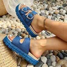 Fashio Mesh Sandals With Buckles. Double-Strap Open-Toe Design Plus Non-Slip Platform Sole. All-Day Comfort For Daily Wear, Beach And Hawaii Getaways - 藍色 - 查看 3