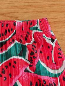 Girls' Summer Watermelon Print Camisole Top + Shorts Set, 4-8Y Sweet Fruit Style 2 Pieces Outfit, Open Shoulder Cami Design + Elastic Waist Shorts, Suitable For Beach Vacation/Daily Wear - Red - View 6
