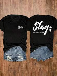 Women's Casual Round Neck Short Sleeve T-Shirt With Two-Sided Letter Design, Perfect For Spring And Summer Fashion, Loose Fit Retro T-Shirt - Back - View 1