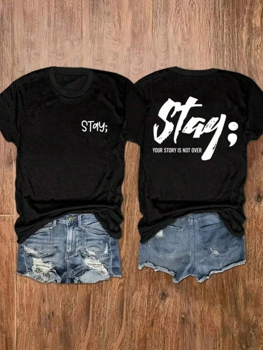 Women's Casual Round Neck Short Sleeve T-Shirt With Two-Sided Letter Design, Perfect For Spring And Summer Fashion, Loose Fit Retro T-Shirt - Back - View 1