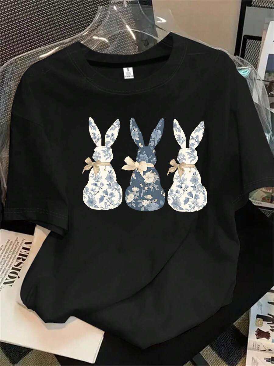 Camiseta de manga corta con cuello redondo para mujer con estampado de orejas de conejo, apta para todas las estaciones. - Negro - Ver 1
