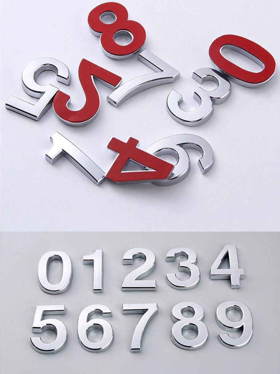 1pc 0-9 Self-Adhesive Durable Door Number Plate, Business Style Silver High-Gloss 3D Detailed Signage Suitable For Hotels, Mailboxes - House Number - View 1
