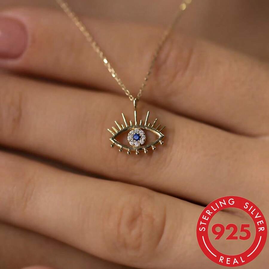 1 pezzo Collana con pendente a forma di occhio del male minimalista in argento S925 con zirconi cubici scintillanti, gioiello elegante da donna, regalo di qualità per i propri cari - Oro giallo - Visualizzare 1