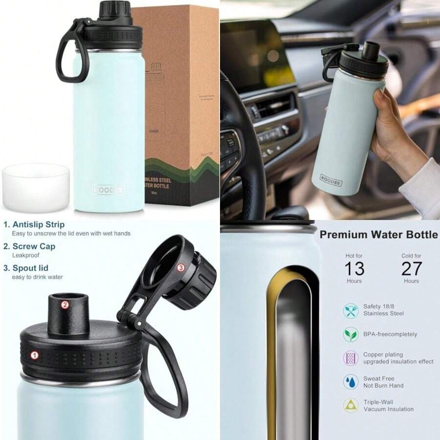 koodee - Botella de agua aislada 532 ml de acero inoxidable de doble pared con aislamiento al vacío y boca ancha deportiva con tapa a prueba de fugas bebé - Bebé Azul - Ver 1