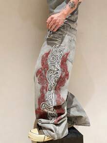 Infinite Jeans 1件裝 香港街頭風 3D刺繡花卉 時尚百搭 男款水洗寬鬆寬腿長褲 (產品不含腰帶及配件) - 灰色 - 查看 5