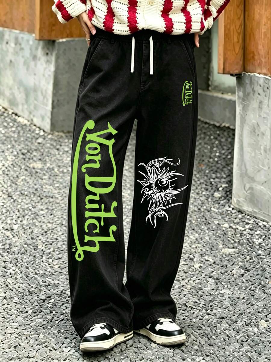 Vons Dutches Street Printed Straight Leg Jeans, Motorcycle Racing, Street Wear, Make The Most Unique Yourself, Men's Pants, Summer New Products, Father's Day Gifts, Suitable For Daily Travel And Outdoor Sports, Hip-Hop, Streetwear, Rock, Y2K - màu đen - Xem 1