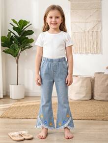 Girls Jeans - Cute Casual Outdoor Multicolor Floral Print Fringe Raw Hem Flared Washed Blue Denim Pants For Little Young Girl - Light Wash - View 6