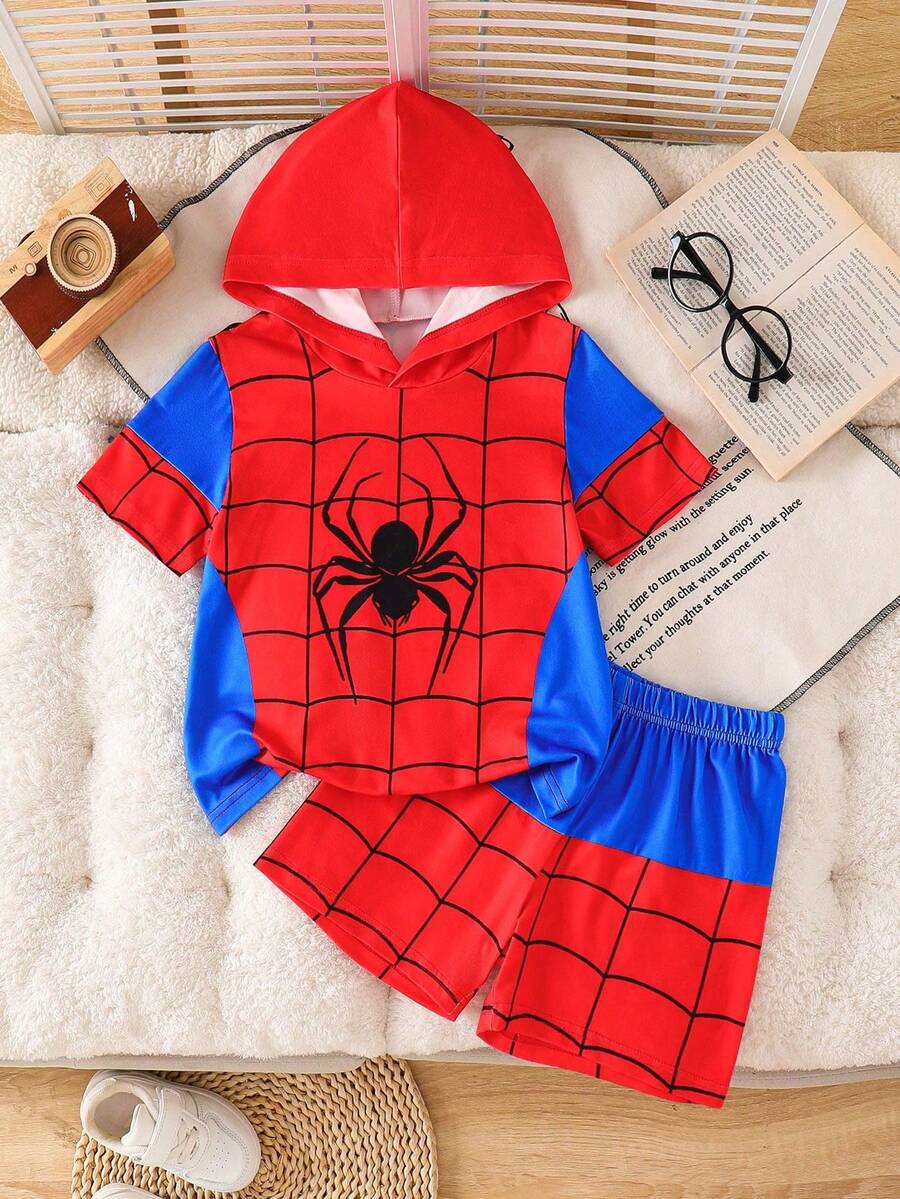 Set 2pcs/Set untuk Anak Laki-Laki, Setelan Hoodie dan Celana Pendek Kasual Modis dengan Motif Grafis, Cocok untuk Pakaian Musim Panas