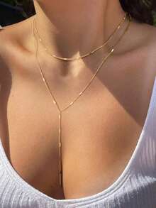 VJS 1pc Elegant Vintage Style Stainless Steel Y-Shaped Necklace, Adjustable Double Layer Exquisite Elegant Long Necklace Y-Shaped Pendant Necklace For Women Daily Wear And Party - Multicolor - View 7