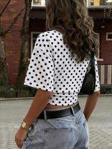 Y2K Sexy Casual Top With Pleated Waist And V-Neck, Fitted, Ideal For Daily Wear, Commuting, Dates And Summer Parties - 黑白圓點 - 查看 7