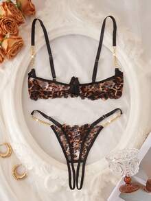 Women's Sexy Lingerie Set, Black Leopard Print Lace Trim With Gold Chain, 1/4 Cup Cut-Out Hollow Design, Breathable Unpadded, Adjustable Shoulder Straps, 2-Piece Set - Multicolor - View 3