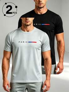 2pcs Men's Paris Print Sports T-Shirts, 2 Colors Crew Neck Short Sleeve Versatile Tops Summer - Multicolor - View 12