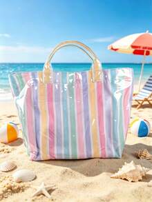 1pc PVC Waterproof Striped Tote Bag For Women, Large Capacity Hand-Carried Vacation Tote, Suitable For Beach - Multicolor - View 1