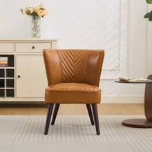 Armless Lounge Chair In Light Brown Genuine Leather – Solid Rubberwood Base, Modern Comfort - 棕色 - 查看 7