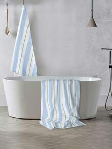 1 pièce, style d'été, imprimé rayé bleu clair et blanc, serviette de plage, grande serviette de plage, serviette de bain de plage rayée douce et absorbante, parfaite pour les voyages, les vacances, les serviettes de sports variés, les serviettes de bain de salle de bain, l'utilisation à la piscine et au camping, accessoire de voyage essentiel, matériau hautement absorbant - Multicolore - Voir 8