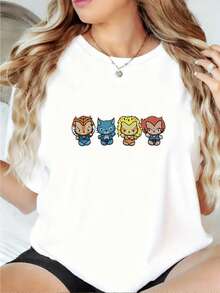 Local Shops, Men's Shirts, Men's Clothing, Men's T-Shirts, 189G White And Black T-Shirt, Cartoon Character Print, High Quality Printing, Crew Neck, Basic Loose Fit, For Men And Women, Breathable, Quick Dry, Versatile, Machine Washable, Comfortable, Sizes S ~ 2XL, Daily Use, Casual, Sporty, Summer Essential. - 白色 - 查看 2