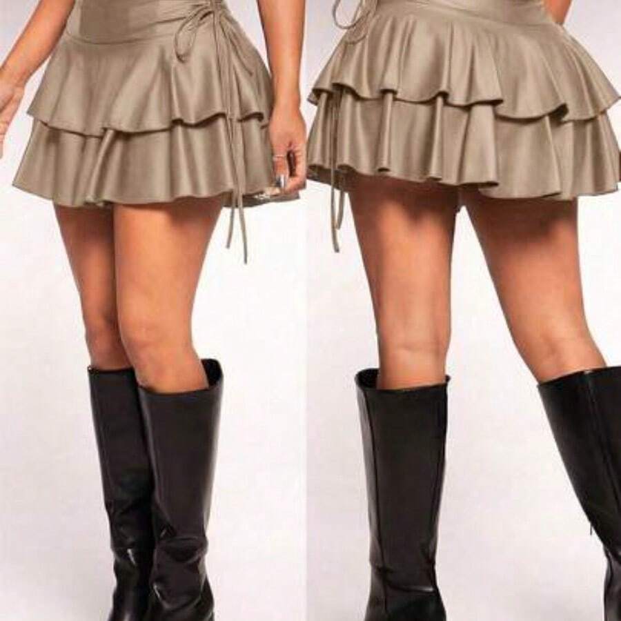 Minifalda con cintura elástica y cordón, con tela de PU recubierta, estilo casual y sexy, con volantes en el bajo, adecuada para uso diario, festivales de música, conciertos, fiestas de carnaval, citas, cumpleaños, fiestas de solteros, clubes, looks casuales lindos, compras, moda callejera, salidas, elegante, fácil de combinar, silueta favorecedora - Champán - Ver 1