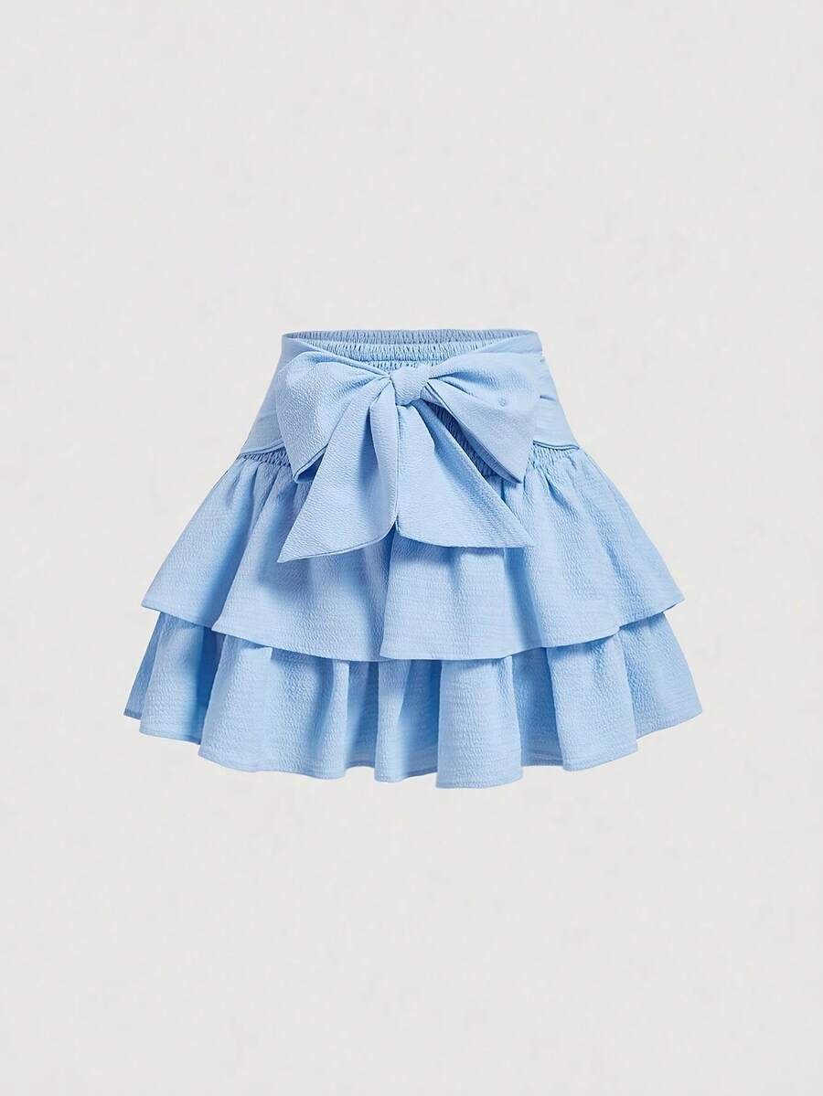 Minifalda de volantes escalonados a la moda con diseño de lazo, apta para todas las estaciones - Cielo azul - Ver 1