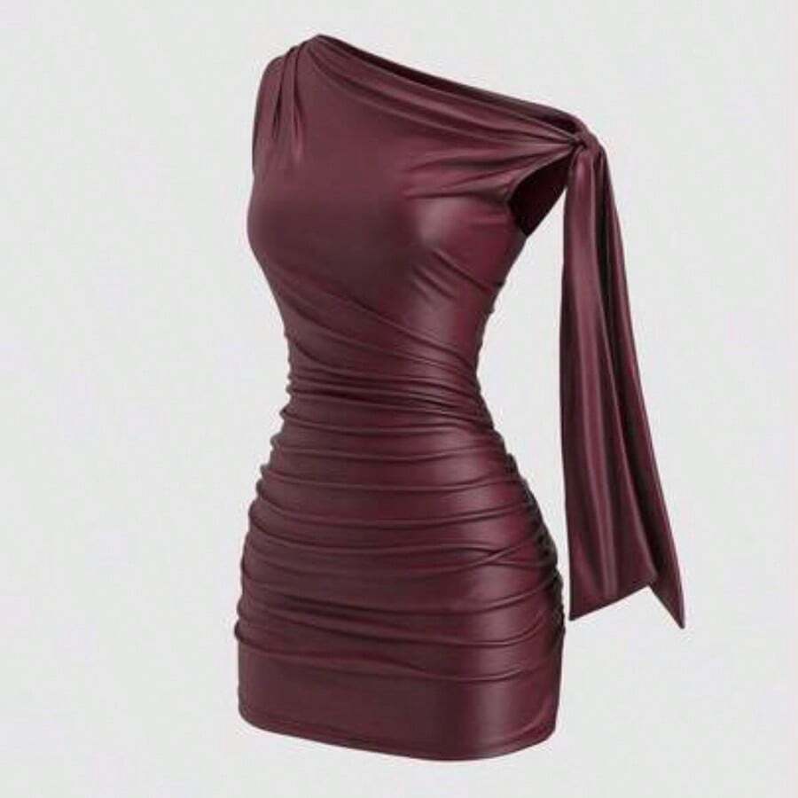 Nana's Women's Clothing Store Nuevo vestido mini de verano de ajuste ceñido con cuello asimétrico, cintura fruncida y detalles de volantes laterales, en tela elástica con revestimiento de color vino tinto, adecuado para club, fiesta, cóctel y uso diario - Burdeos - Ver 1
