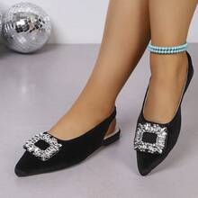 Velvet Rhinestone Square Buckle Pointed Toe Slingback Flat Shoes, French Elegant Low Vamp Flat Ballet Shoes Solid Color Fashion Rhinestone Women's Flat Shoes Wedding Spring Autumn - Black - View 5