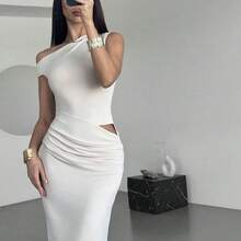 dahkjdgajy  Vestido ajustado con hombro asimétrico y fruncido, elegante, minimalista y sexy para uso al aire libre, vacaciones y festivales de música, color albaricoque - Burdeos - Ver 8