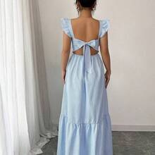 Vestido casual de mujer con cuello cuadrado, estampado de rayas y dobladillo con volantes DG - Azul - Ver 3