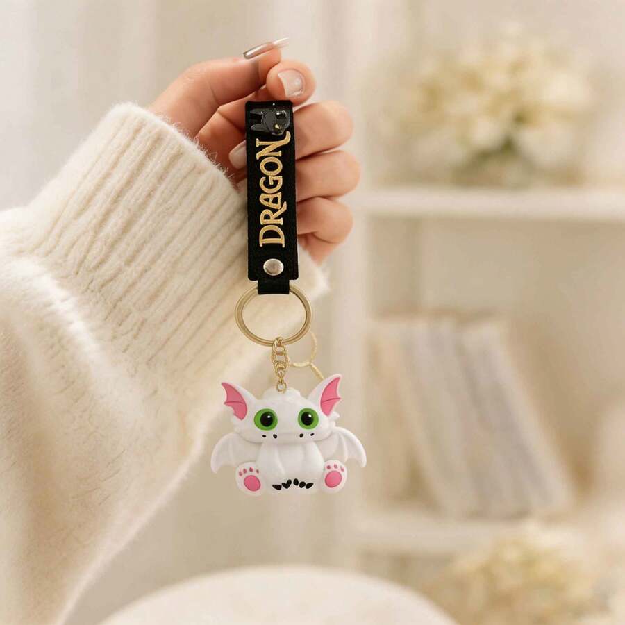 MINISO How To Train Your Dragon White Dragon Keychain, Cute Dragon Mini Figure Bag Charm With Black Letter Strap & Metal Key Ring, Backpack Purse Accessory, Back To School Gift - Style 1 - View 1