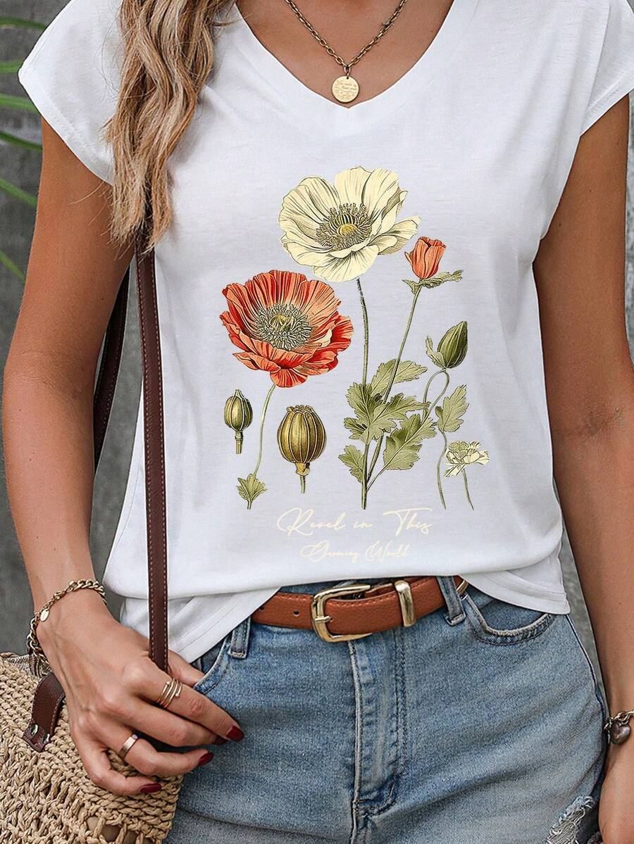 Camiseta de mujer de cuello en V con estampado floral y hombros caídos para el verano - Blanco - Ver 1