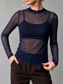 Long-Sleeved Tulle Blouse In Pastel Candy Colors, Spring Color Block. - Navy Blue - View 1
