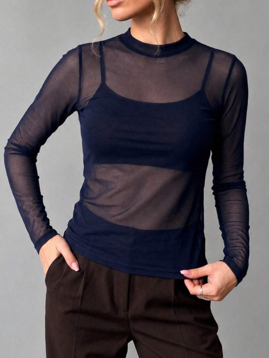 Long-Sleeved Tulle Blouse In Pastel Candy Colors, Spring Color Block. - Navy Blue - View 1