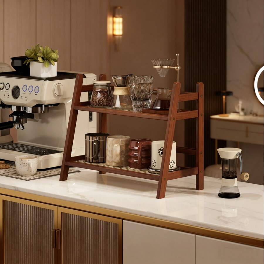 New Chinese Style Double-Layer Cup Rack, Made Of Rattan And Bamboo, Brown And Natural Wood Tones. It Can Hold Teacups, Coffee Cups And Spice Jars, And Serve As A Storage Shelf Suitable For Dorms, Kitchens, Offices, Tea Rooms, Balconies, Living Rooms And Other Spaces. - Multicolor - View 1