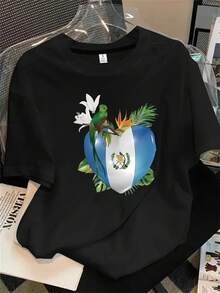 Camiseta de manga corta y cuello redondo para mujer con estampado de un loro posado sobre una pelota, apta para todas las estaciones. - Negro - Ver 1