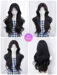 alicegarden Wig sintetis sepanjang 28 inci dengan gaya bergelombang alami berwarna hitam yang menawan. Desain belahan tengah, wig palsu ini sangat cocok untuk penggunaan sehari-hari wanita, menawarkan wig alami dan tahan lama sebagai hadiah untuk para wanita. (Tidak termasuk aksesoris) - Hitam - View 8