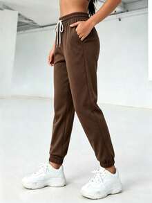 Straight-Leg Trousers With Elastic Waistband And Drawstring, Pleated, Solid Color, For Everyday Casual Wear, Spring/Summer - Coffee Brown - View 5