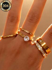 Znice 2026 New Stainless Steel 18K Gold Plated French Minimalist Personalized Full Rhinestone Flower Ring Set, Stackable Or Single Wear, Suitable For Party, Gift, Daily Wear, Various Occasions, Durable Jewelry, Waterproof And Non-Fading, For Beach Vacation - Gold 15 - View 3