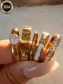 Znice 2026 New Stainless Steel 18K Gold Plated French Minimalist Personalized Full Rhinestone Flower Ring Set, Stackable Or Single Wear, Suitable For Party, Gift, Daily Wear, Various Occasions, Durable Jewelry, Waterproof And Non-Fading, For Beach Vacation - Golden 7 - View 5