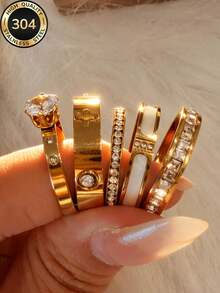 Znice 2026 New Stainless Steel 18K Gold Plated French Minimalist Personalized Full Rhinestone Flower Ring Set, Stackable Or Single Wear Suitable For Party, Gift, Daily Wear, Various Occasions, Jewelry, Waterproof And Non-Fading, For Beach Vacation - Gold 14 - View 6