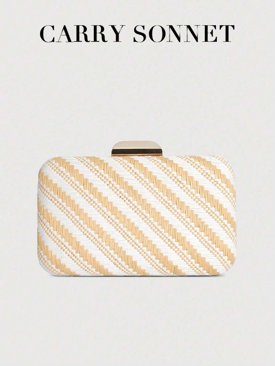 CARRY SONNET - Women Straw Pattern Box Clutch Purse, Woven Evening Handbag For Wedding Party Vacation Dinner - Champagne - View 1