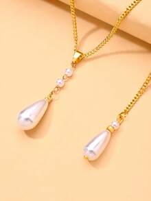 1pc Water Drop Pearl Necklace, Convertible Front And Back Chain, Elegant Backless Dress Jewelry, Women's Bridal Jewelry - Gold - View 7
