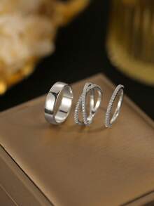 Gift Box 3pcs Silver Ring Set, Wide Polished Band, Zirconia Eternity Ring And Twisted Full Rhinestone Ring, Unisex Stackable Couple Rings - Silver - View 5