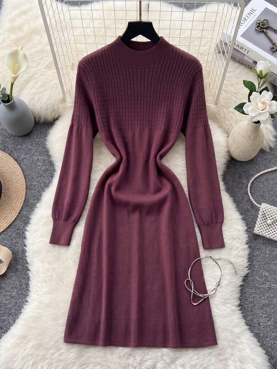 GIGOGOU New Arrival Autumn/Winter Long Knitted Sweater Dress, Casual Long Sleeve Loose Knit Dress - Red Violet - View 1