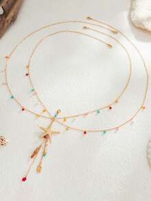1pc Fashionable Elegant Sexy Thin Chain Colorful Rhinestone Starfish Pendant Bikini Body Chain, Simple Personalized Versatile Starfish Multi-Pendant Thin Chain Tassel Chest Chain Suitable For Women's Daily And Vacation Wear (Colorful Rhinestone Color, Quantity, And Position Are Random) - Gold - View 5
