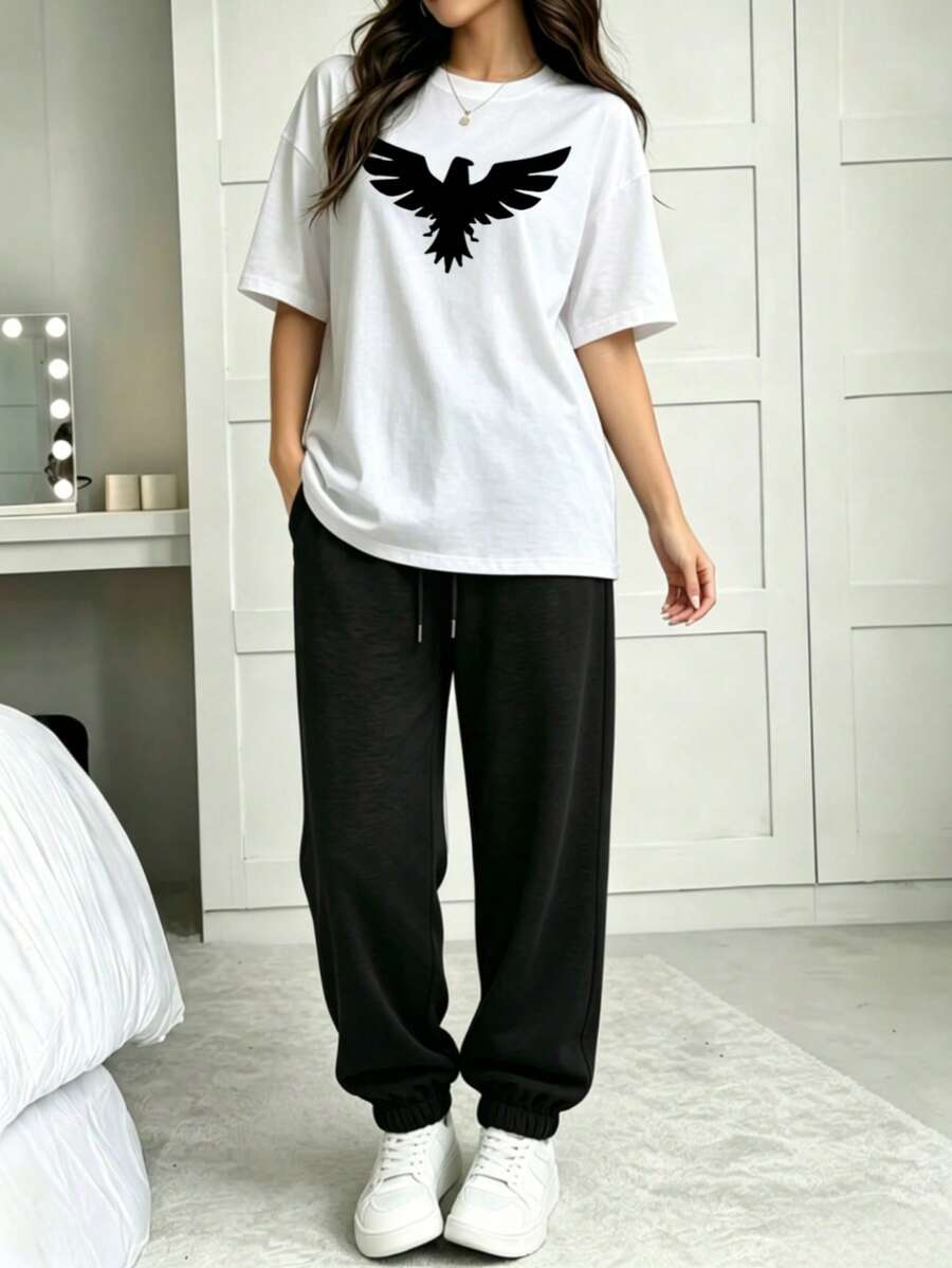 UCJPT Conjunto de mujer de camiseta de manga corta y pantalón largo Deporte Ocio Diario Camiseta de manga corta con águila negra para estilo casual - Blanco - Ver 1