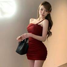 Vestido ajustado plisado de un solo hombro sexy para mujer de verano falda que cubre el trasero - vino tinto - Ver 1